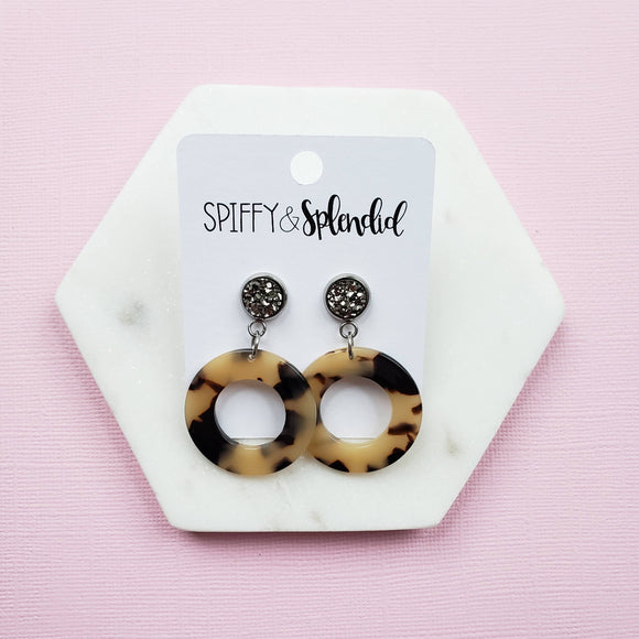 Circle Tortoise Shell Dangle Earrings + Druzy Stud