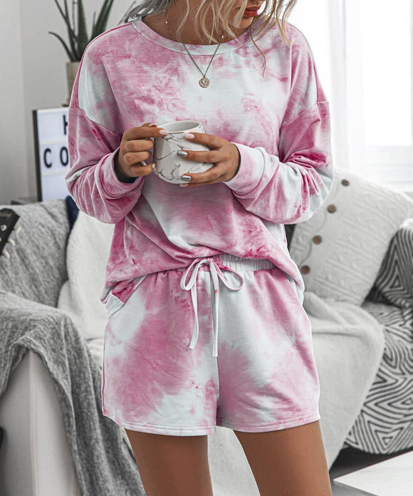 Pink Tie Dye Long Sleeves T-shirt and Shorts Sets