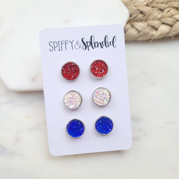 Patriotic Druzy Earring Trio